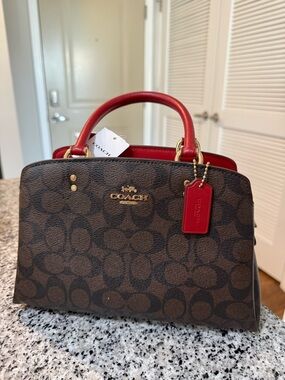 Coach Brown Signature Satchel with Red Leather Trim